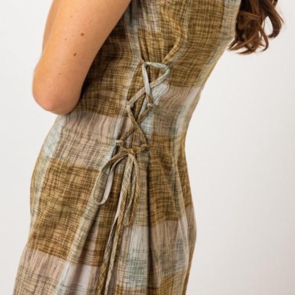 Plaid V-Neck Wide Leg Jumpsuit - Mustard Green - Picture 3 of 4